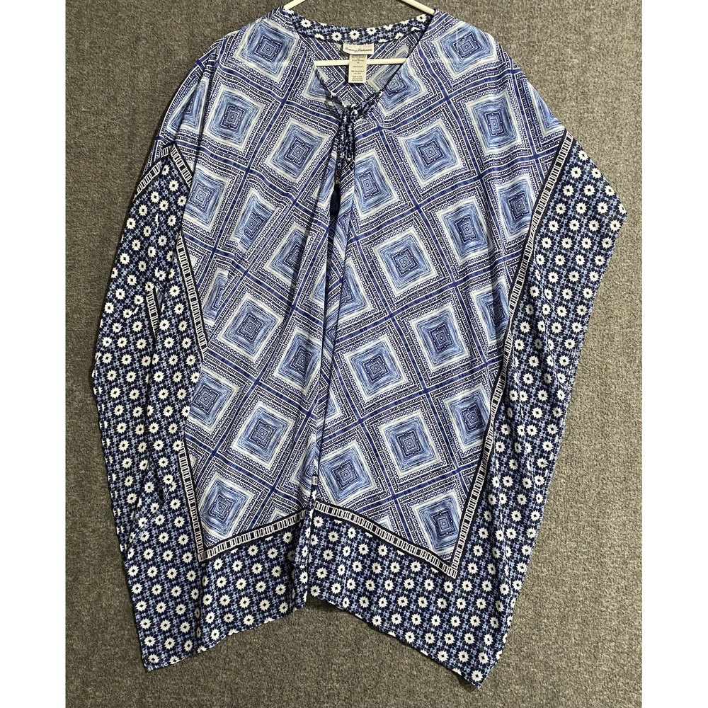 Tommy Bahama Womens Floral Peasant Top Cover Up Shirt Blue Tassles Size L/XL